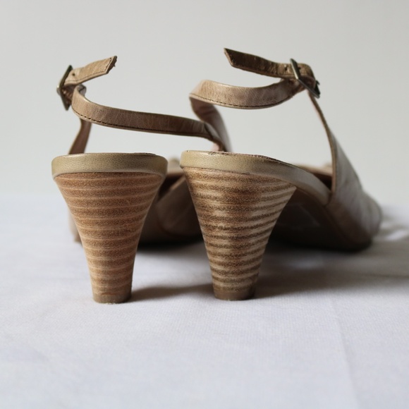FUGITIVE By Francesco Rossi Leather Sling Back Heels Beige/Kaki Unique Size 38 - Picture 6 of 14